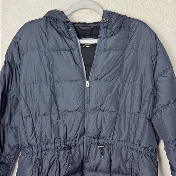 LL Bean Down Puffer Coat Jacket Waist Cinched XL Grey Blue Winter Warm Hooded - Picture 2 of 8